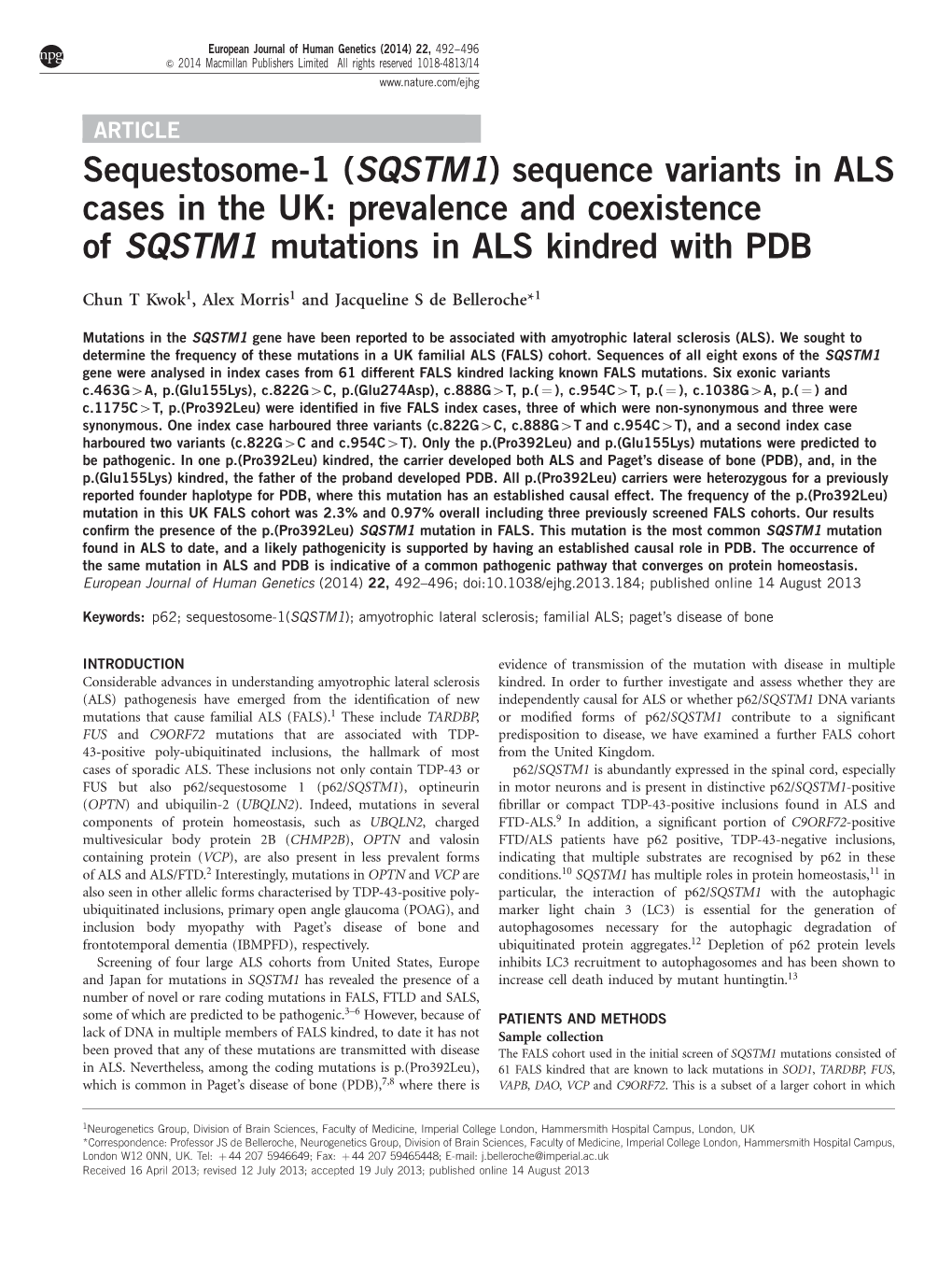 Sequestosome-1 (SQSTM1) Sequence Variants in ALS Cases in the UK: Prevalence and Coexistence of SQSTM1 Mutations in ALS Kindred with PDB