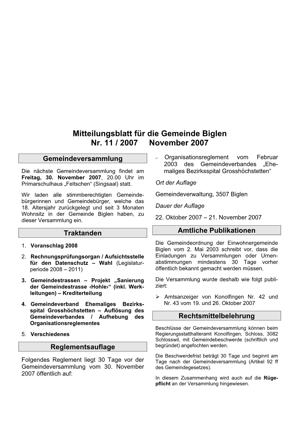 Mitteilungsblatt Für Die Gemeinde Biglen Nr. 11 / 2007 November 2007