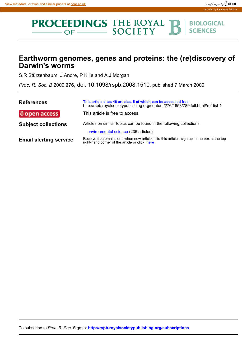 Darwin's Worms Earthworm Genomes, Genes and Proteins: the (Re)