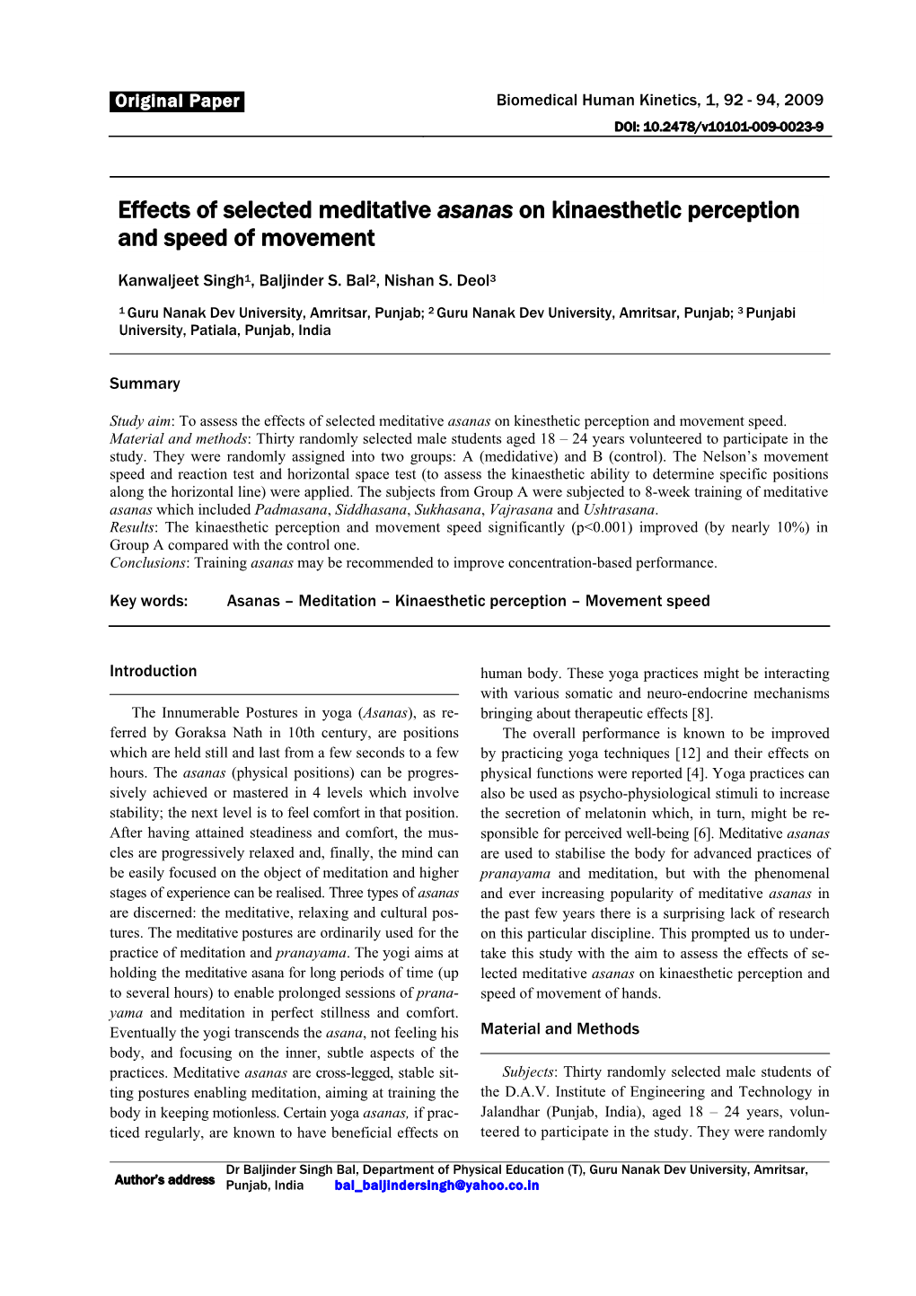 Effects of Selected Meditative Asanas on Kinaesthetic Perception and Speed of Movement