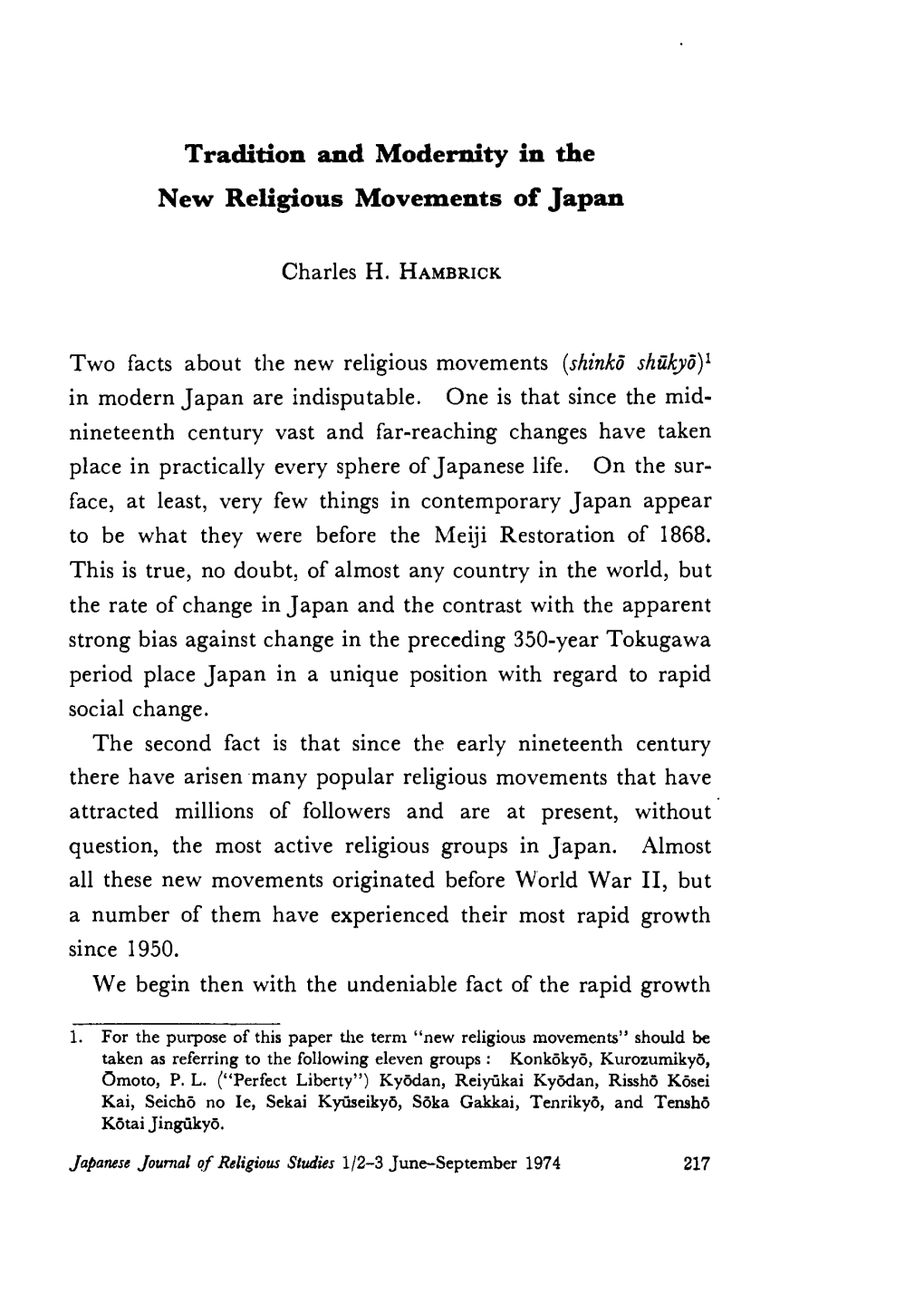 Tradition and Modernity in the New Religious Movements of Japan
