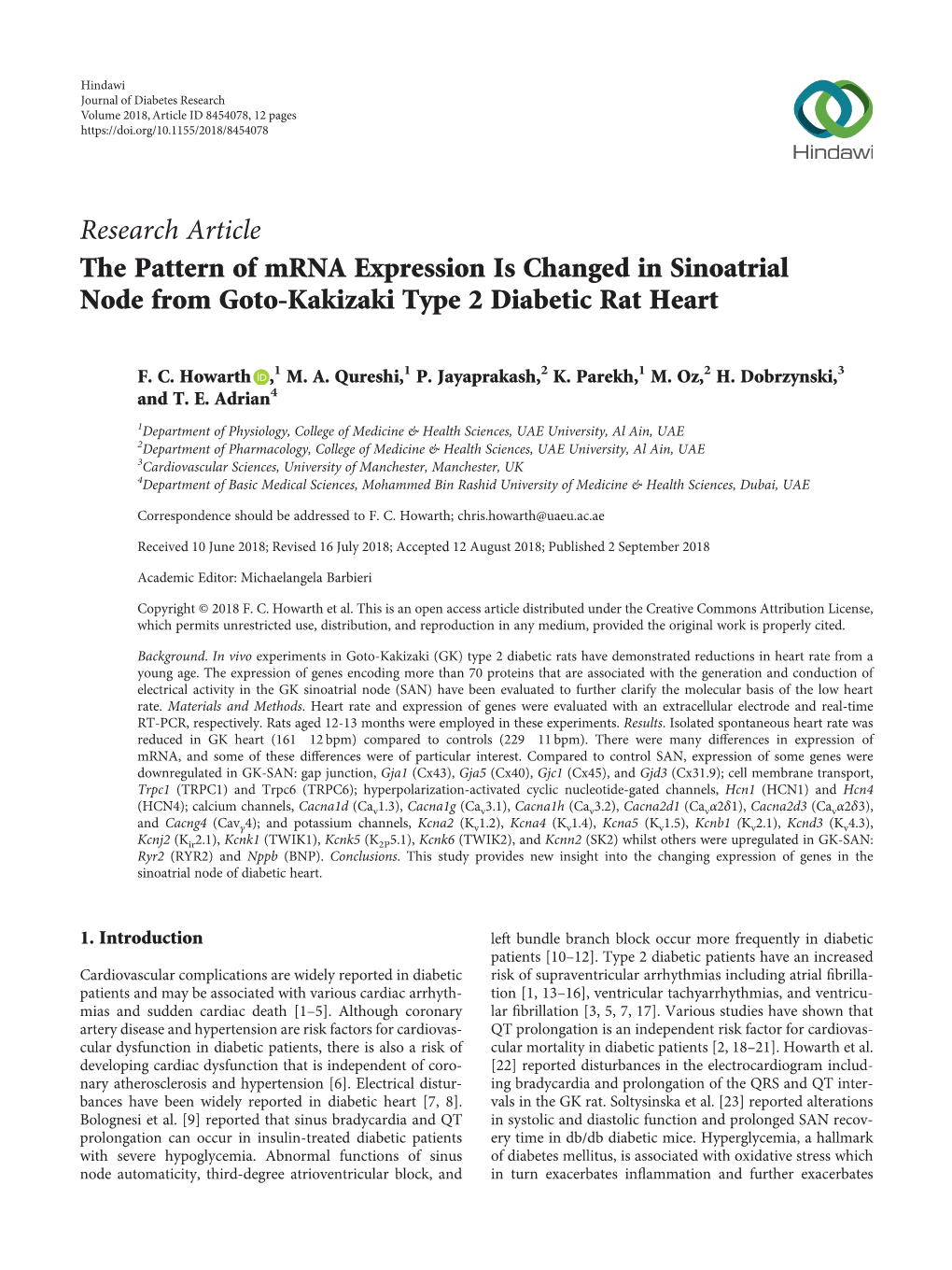 Research Article the Pattern of Mrna Expression Is Changed in Sinoatrial Node from Goto-Kakizaki Type 2 Diabetic Rat Heart