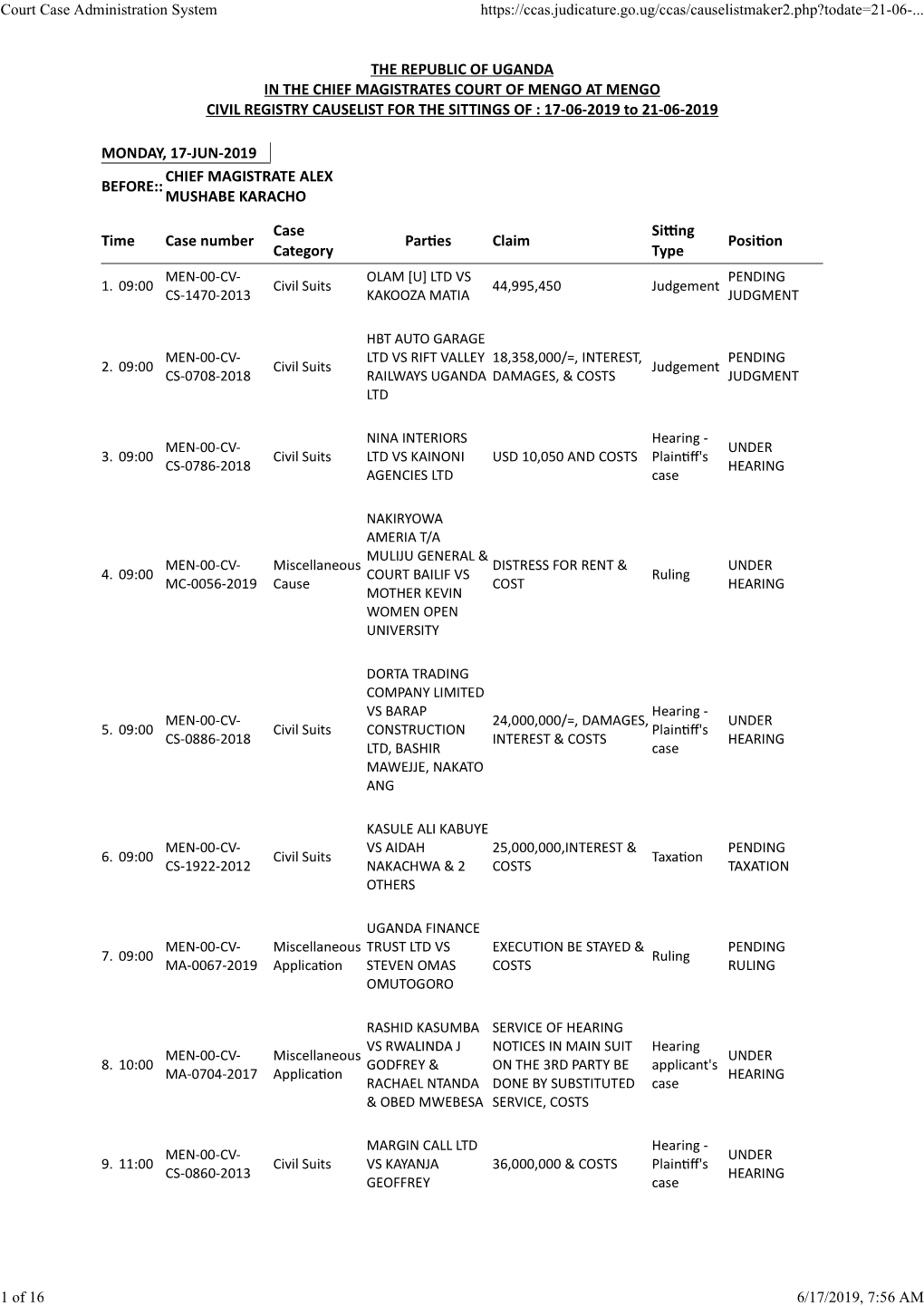 THE REPUBLIC of UGANDA in the CHIEF MAGISTRATES COURT of MENGO at MENGO CIVIL REGISTRY CAUSELIST for the SITTINGS of : 17-06-2019 to 21-06-2019