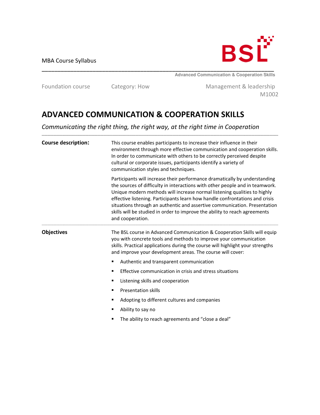 Advanced Communication & Cooperation Skills