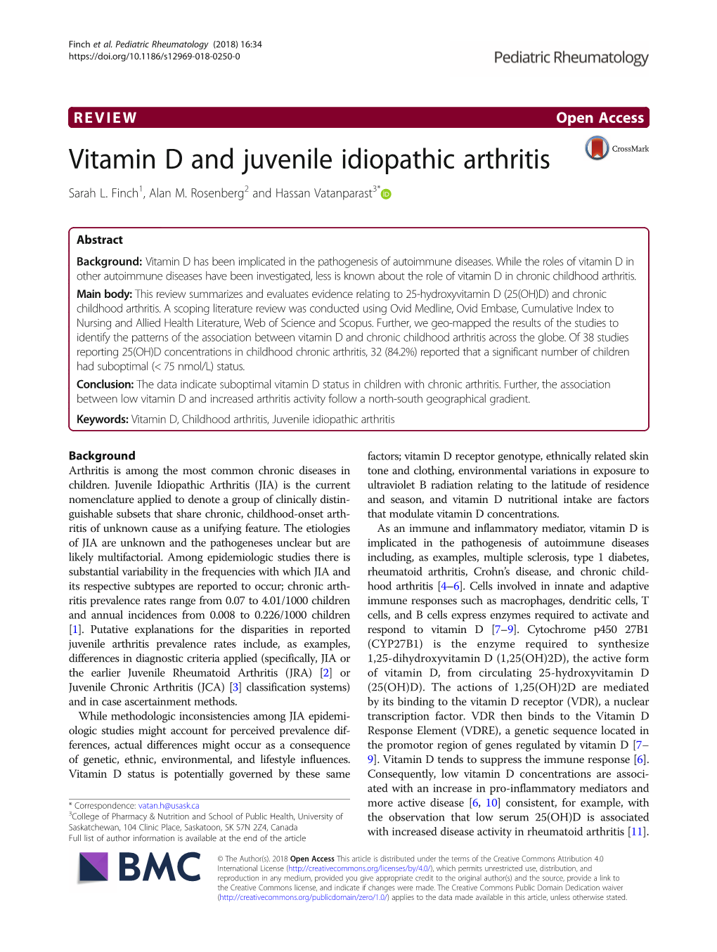 Vitamin D and Juvenile Idiopathic Arthritis Sarah L