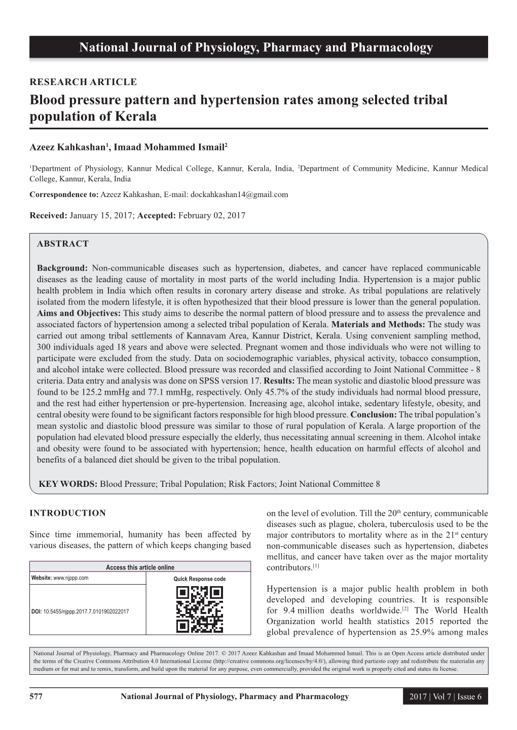 Blood Pressure Pattern and Hypertension Rates Among Selected Tribal Population of Kerala