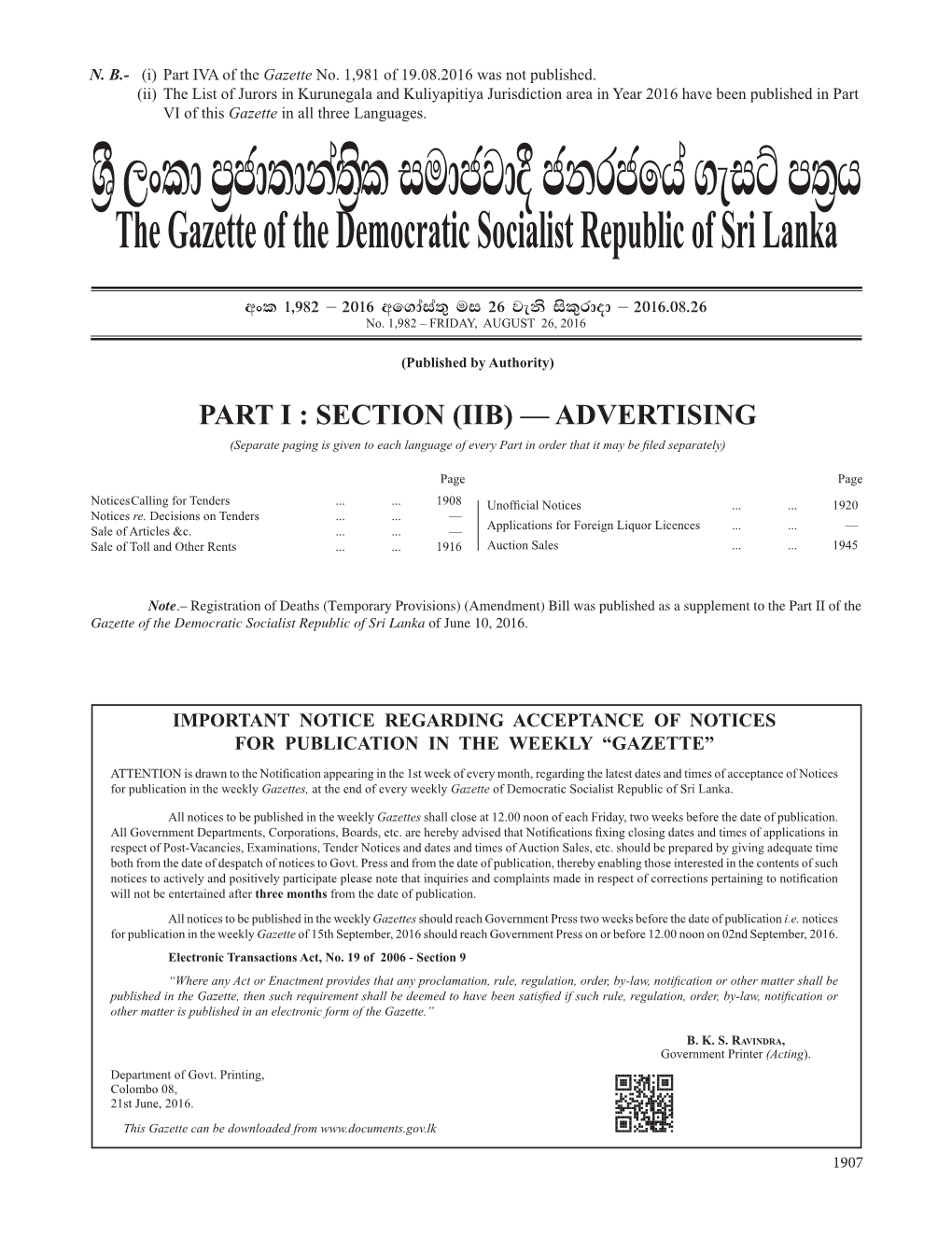 YS% ,Xld M%Cd;Dka;S%L Iudcjd§ Ckrcfha .Eiü M;%H the Gazette of the Democratic Socialist Republic of Sri Lanka