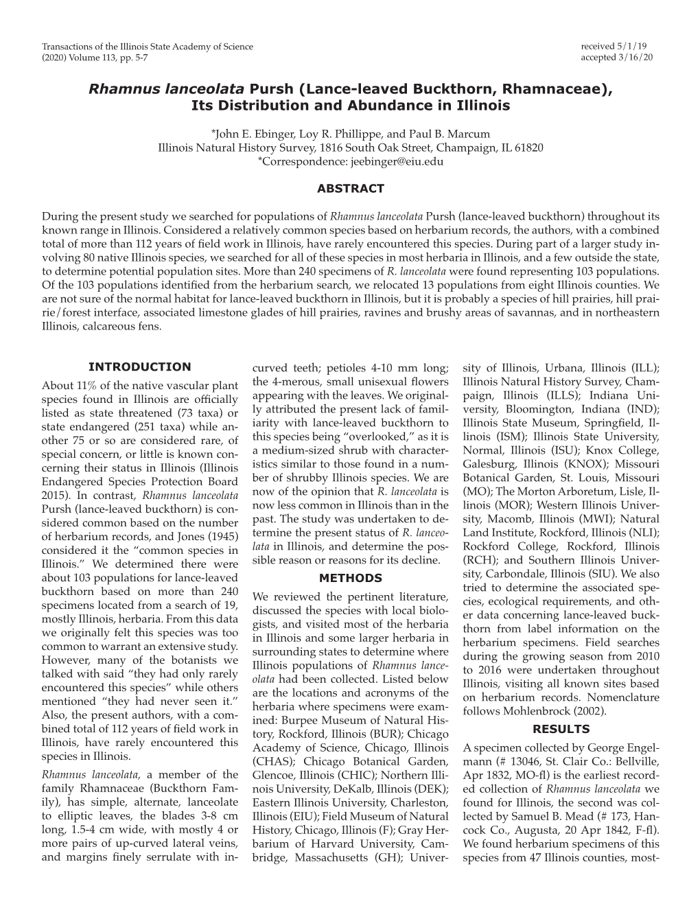 Lance-Leaved Buckthorn, Rhamnaceae), Its Distribution and Abundance in Illinois