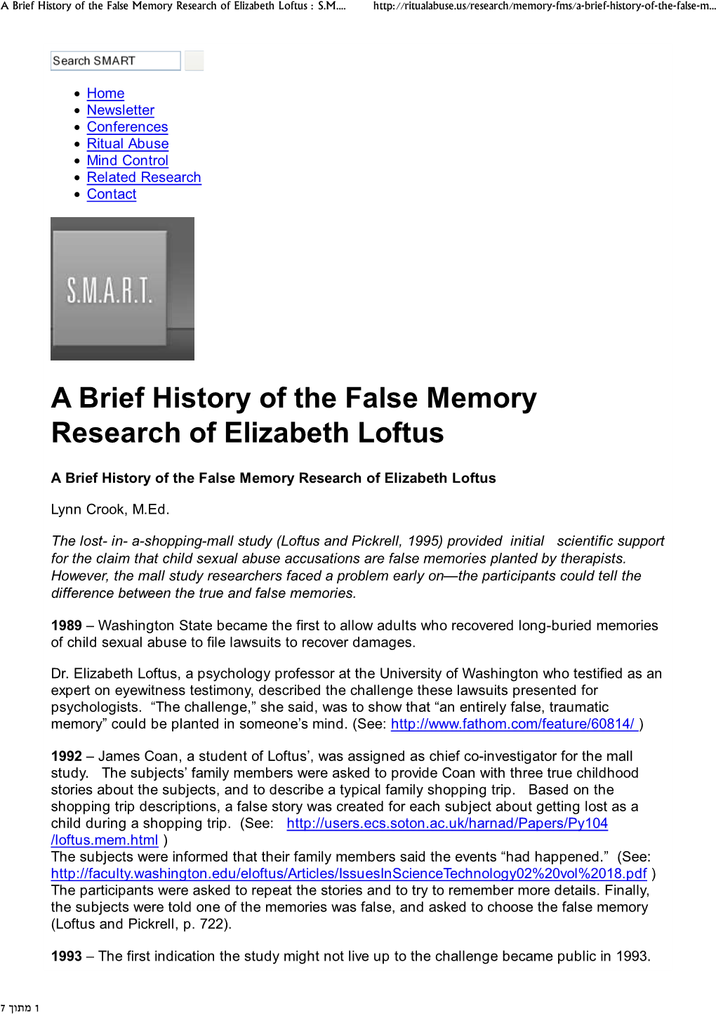 A Brief History of the False Memory Research of Elizabeth Loftus : S.M