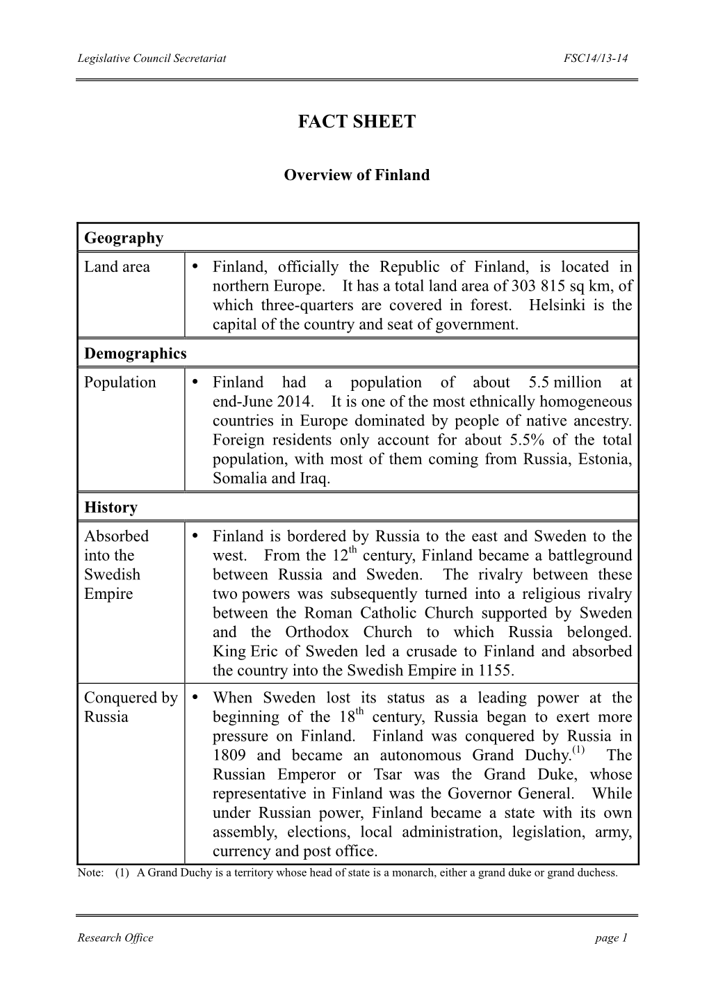 Fact Sheet on "Overview of Finland"