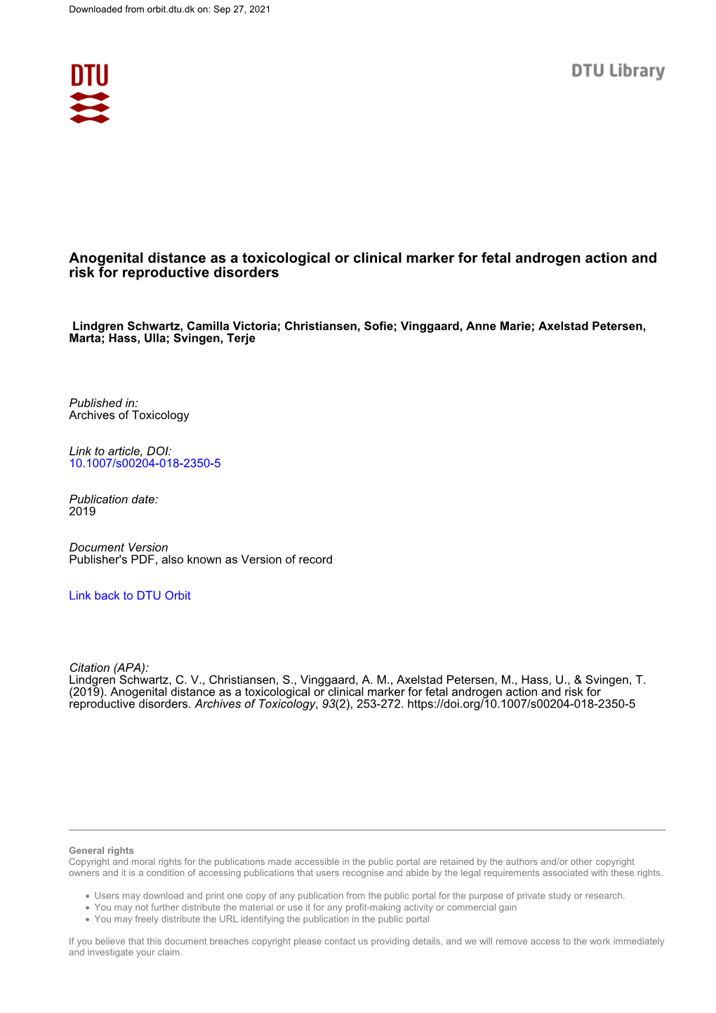 Anogenital Distance As a Toxicological Or Clinical Marker for Fetal Androgen Action and Risk for Reproductive Disorders