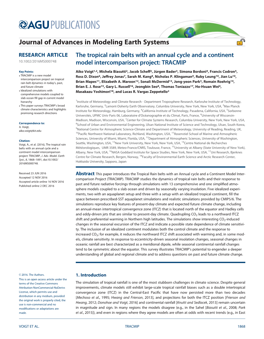 The Tropical Rain Belts with an Annual Cycle and a Continent Model Inter- Accepted 12 NOV 2016 Comparison Project (TRACMIP)