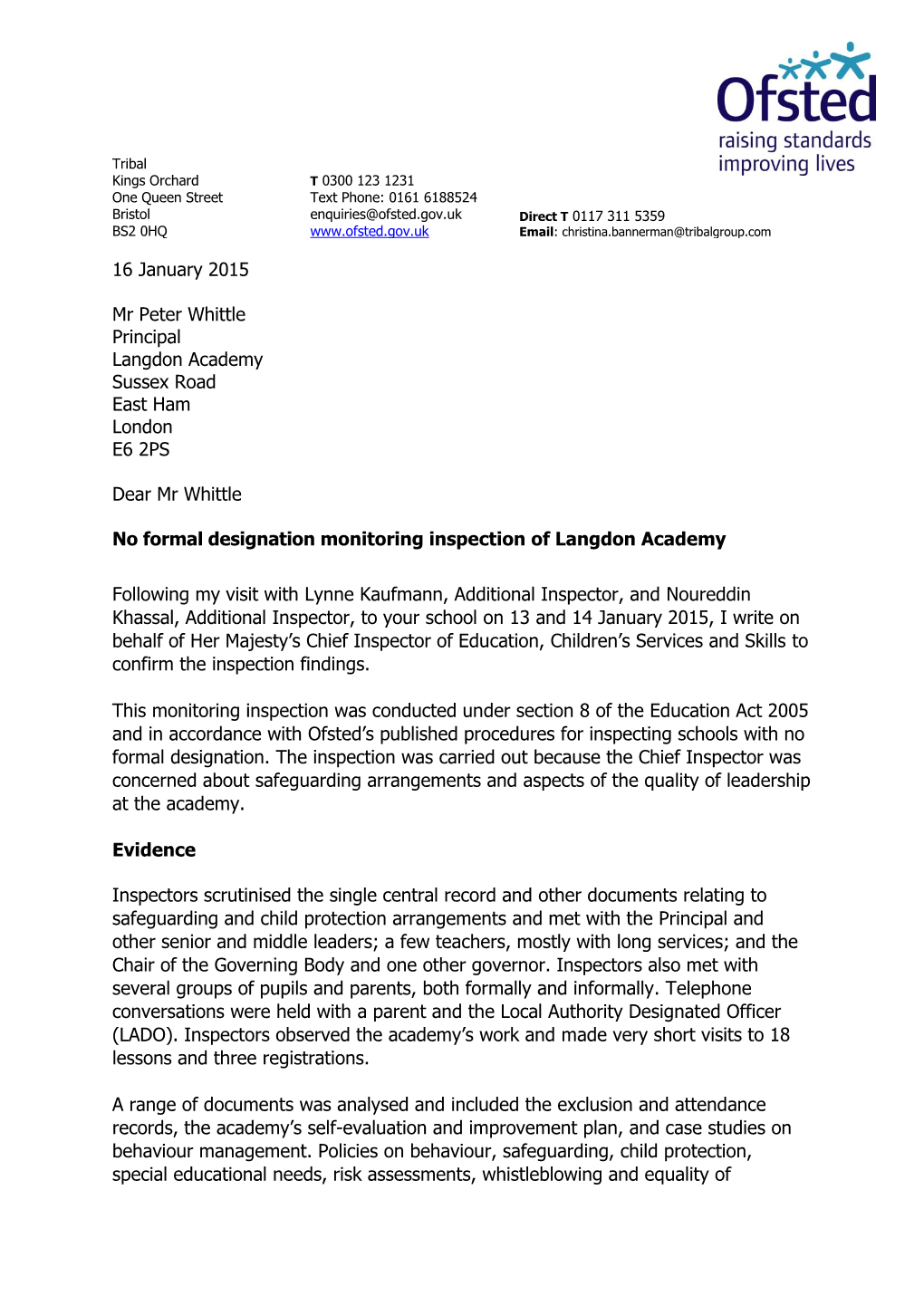 16 January 2015 Mr Peter Whittle Principal Langdon Academy