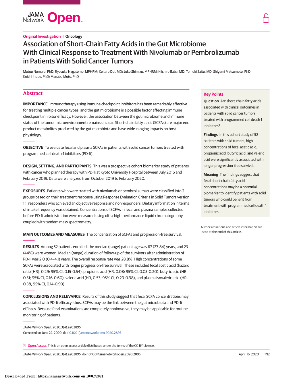 Association of Short-Chain Fatty Acids in the Gut Microbiome with Clinical Response to Treatment with Nivolumab Or Pembrolizumab in Patients with Solid Cancer Tumors