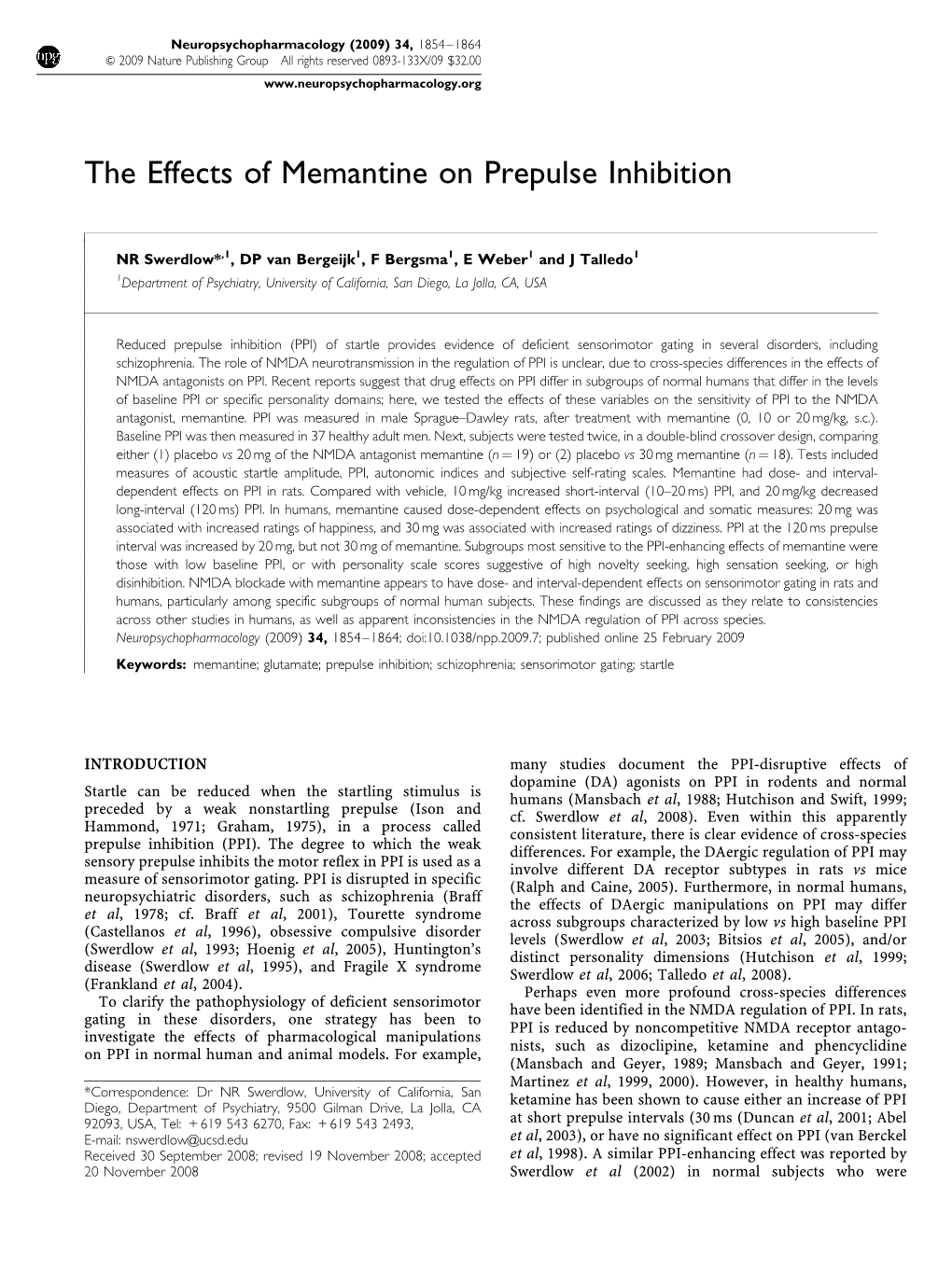 The Effects of Memantine on Prepulse Inhibition