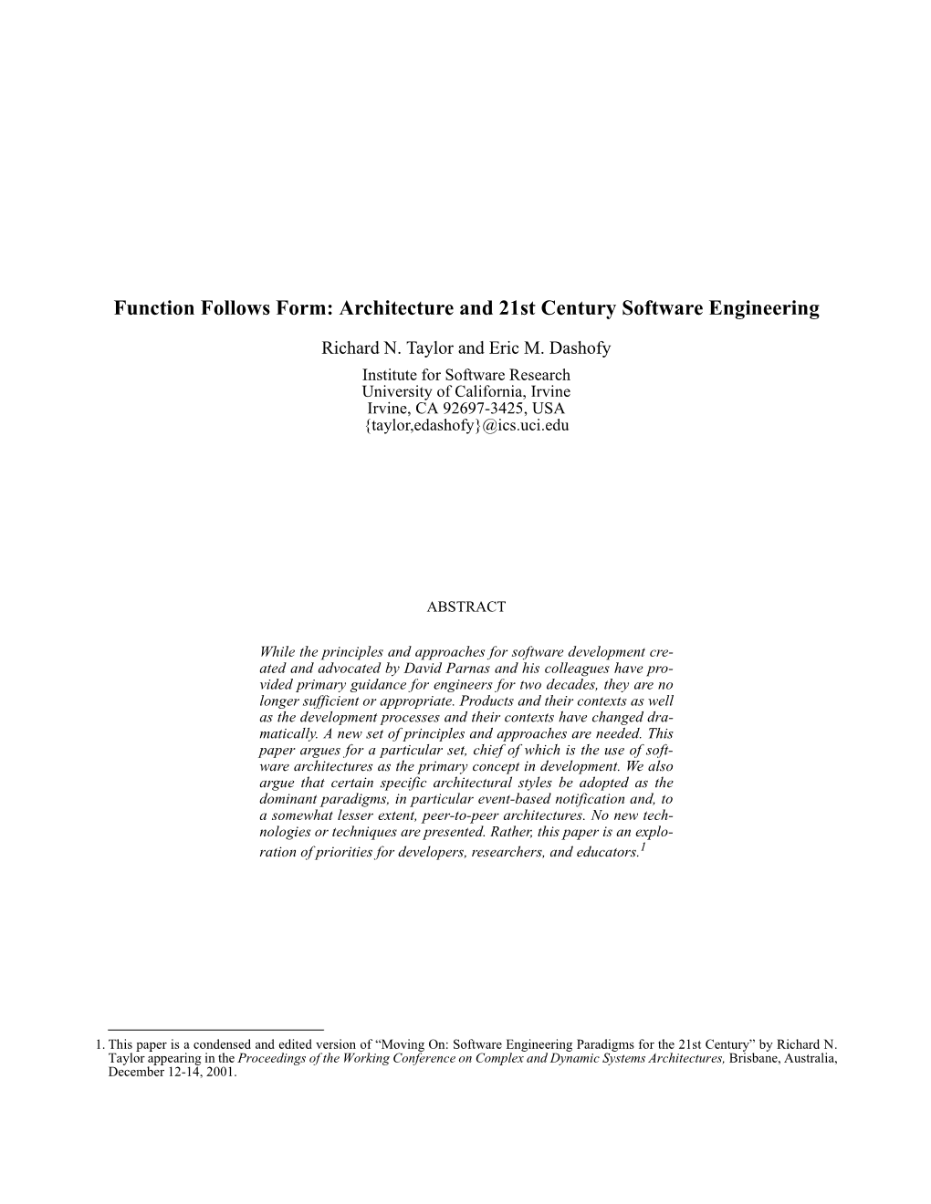 Function Follows Form: Architecture and 21St Century Software Engineering