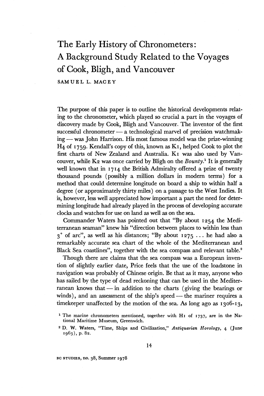 The Early History of Chronometers : a Background Study Related to the Voyages of Cook, Bligh, and Vancouver