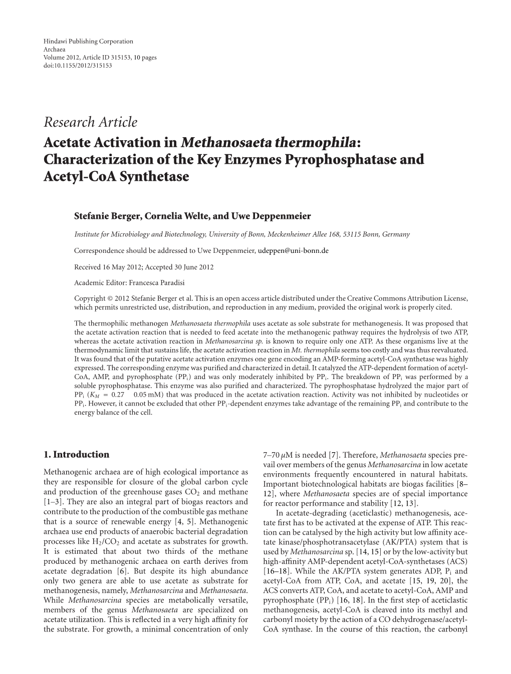 Acetate Activation in Methanosaeta Thermophila: Characterization of the Key Enzymes Pyrophosphatase and Acetyl-Coa Synthetase