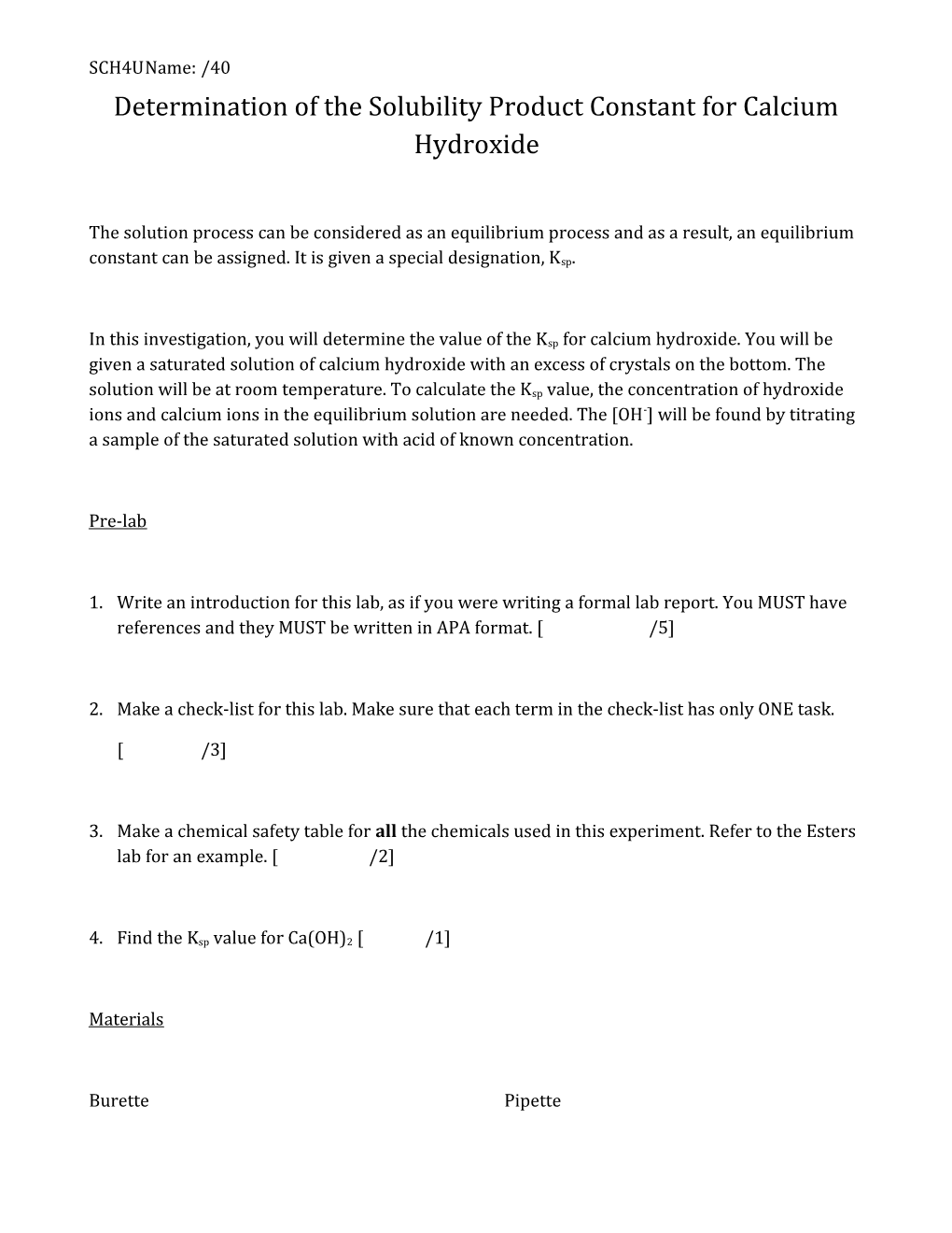 Determination of the Solubility Product Constant for Calcium Hydroxide