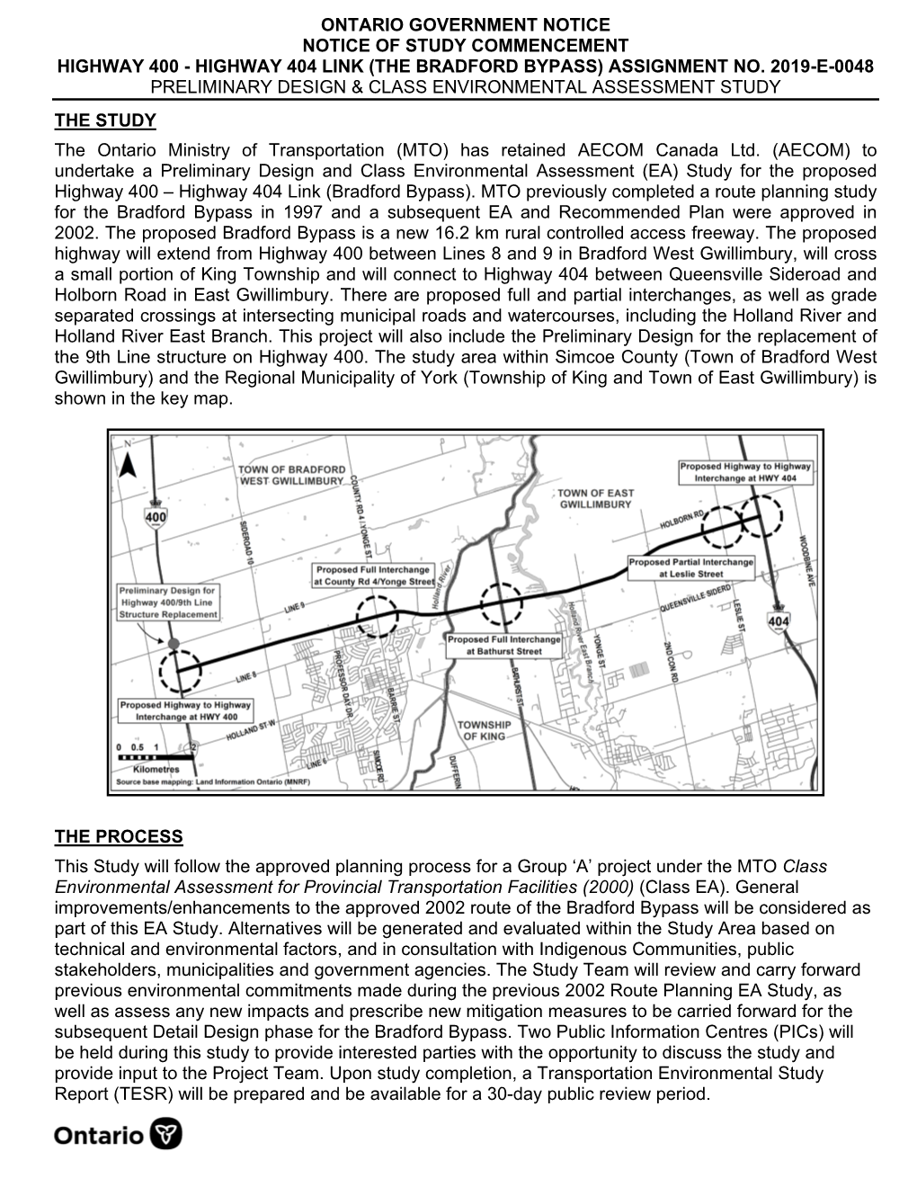 Notice of Study Commencement Highway 400 - Highway 404 Link (The Bradford Bypass) Assignment No