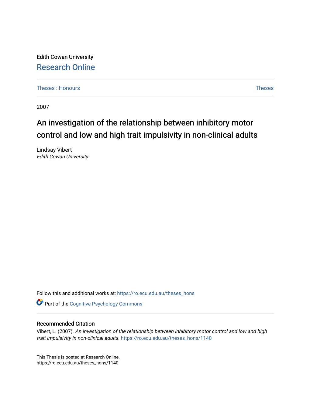 An Investigation of the Relationship Between Inhibitory Motor Control and Low and High Trait Impulsivity in Non-Clinical Adults