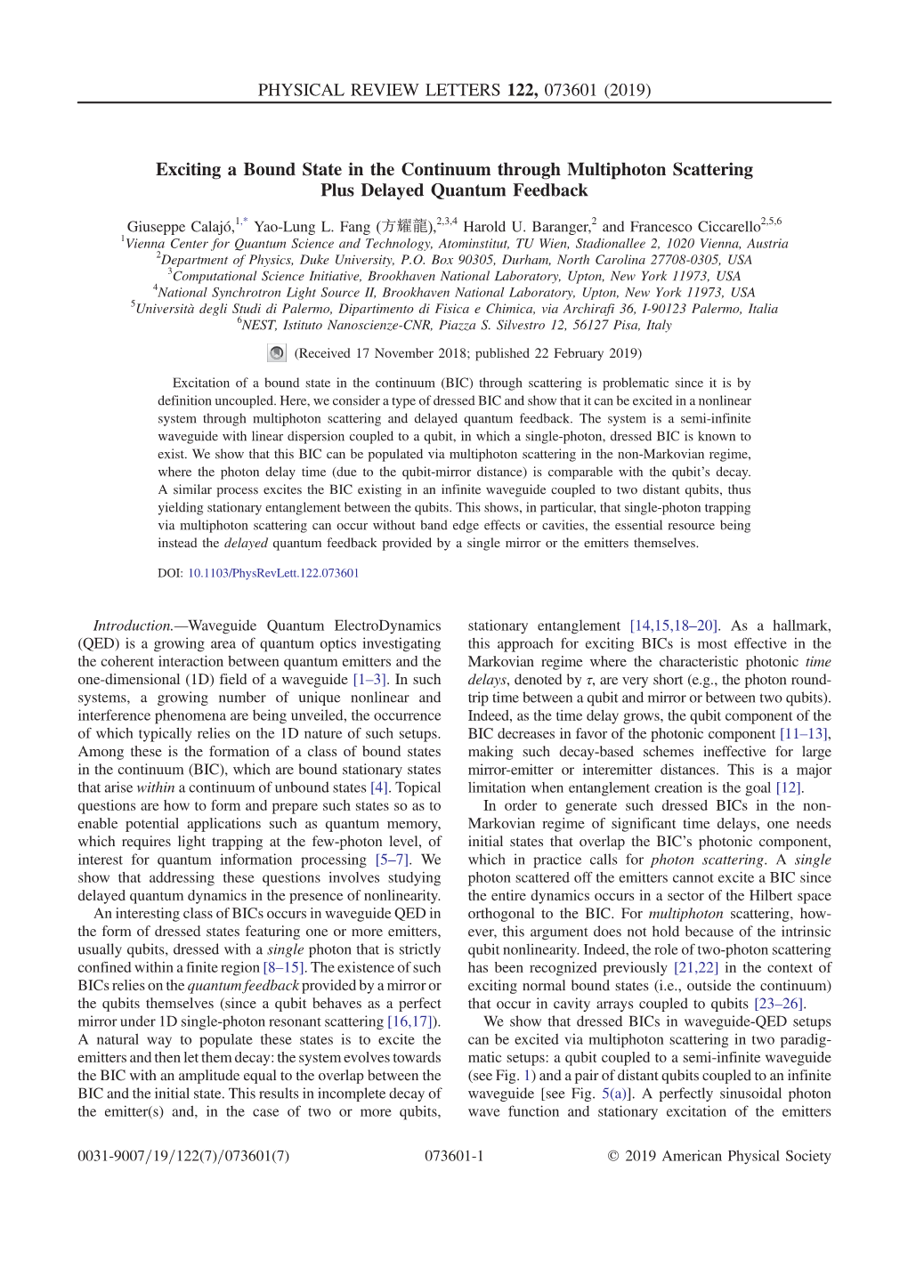 Exciting a Bound State in the Continuum Through Multiphoton Scattering Plus Delayed Quantum Feedback