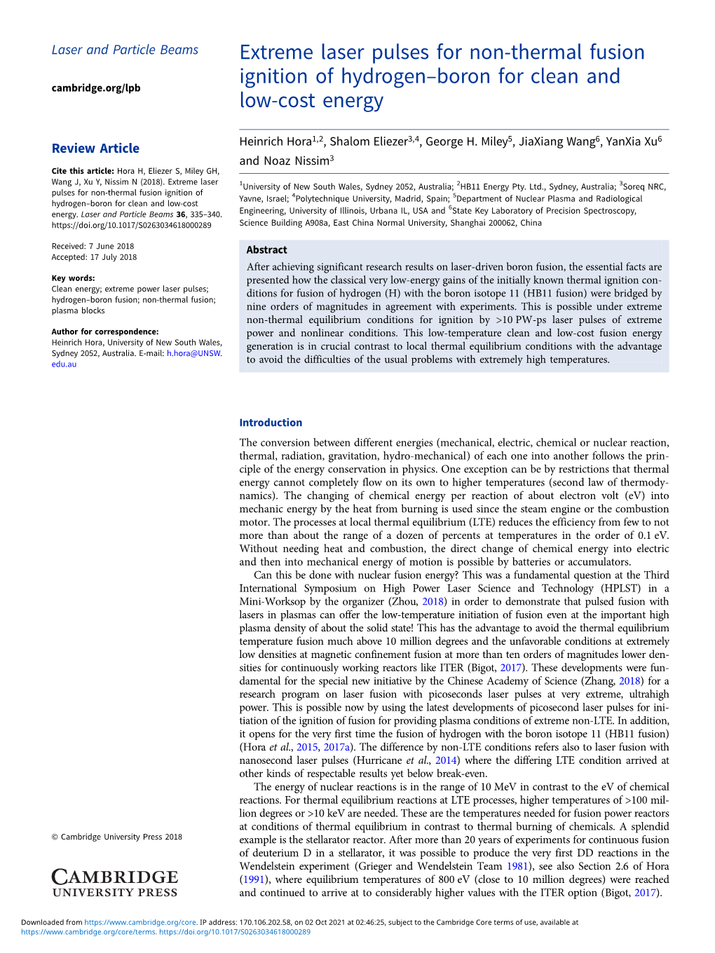 Extreme Laser Pulses for Non-Thermal Fusion Ignition of Hydrogen–Boron for Clean and Cambridge.Org/Lpb Low-Cost Energy