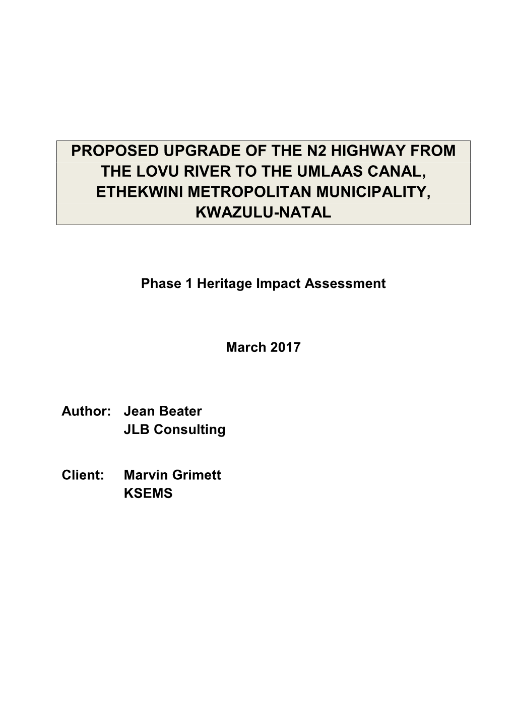 Proposed Upgrade of the N2 Highway from the Lovu River to the Umlaas Canal, Ethekwini Metropolitan Municipality, Kwazulu-Natal