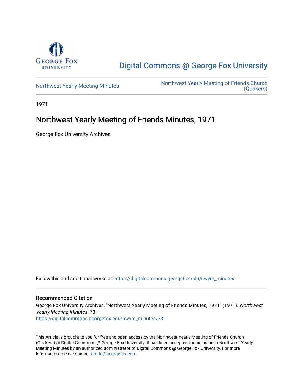 Northwest Yearly Meeting of Friends Minutes, 1971