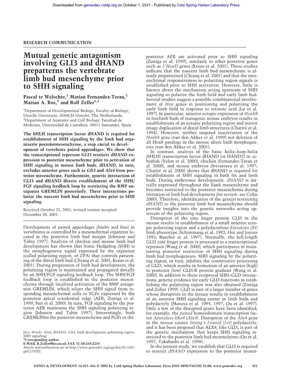 Mutual Genetic Antagonism Involving GLI3 and Dhand Prepatterns the Vertebrate Limb Bud Mesenchyme Prior to SHH Signaling