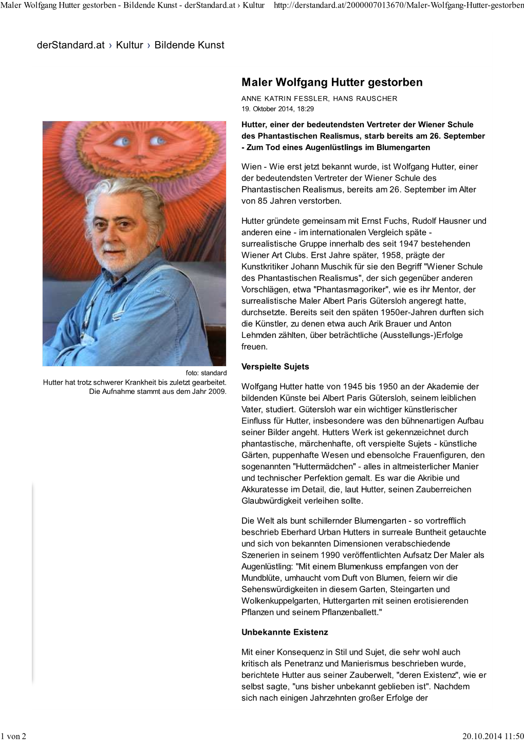 Maler Wolfgang Hutter Gestorben - Bildende Kunst - Derstandard.At › Kultur