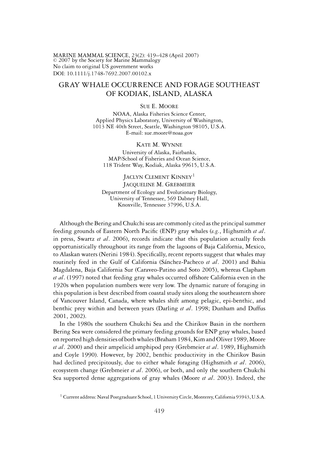 Gray Whale Occurrence and Forage Southeast of Kodiak, Island, Alaska