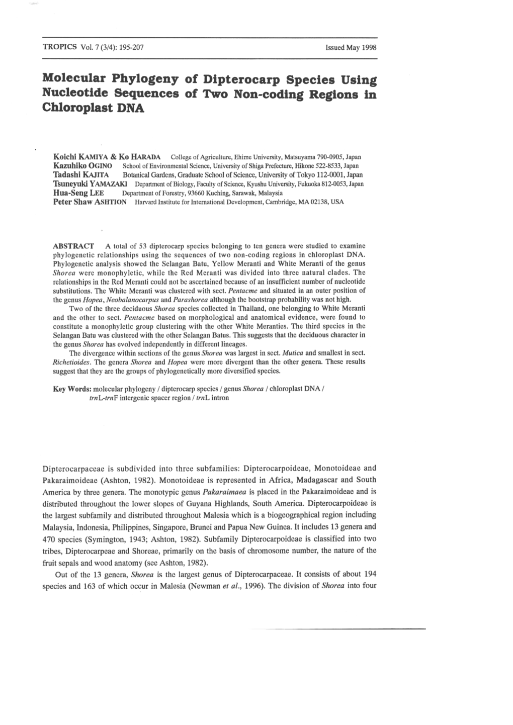 Molecular Phylogeny of Dtpterocarp Specles Ustng Nucleotlde Sequences of Trro Non-Codrng Regtons Rn Chloroplast DNA