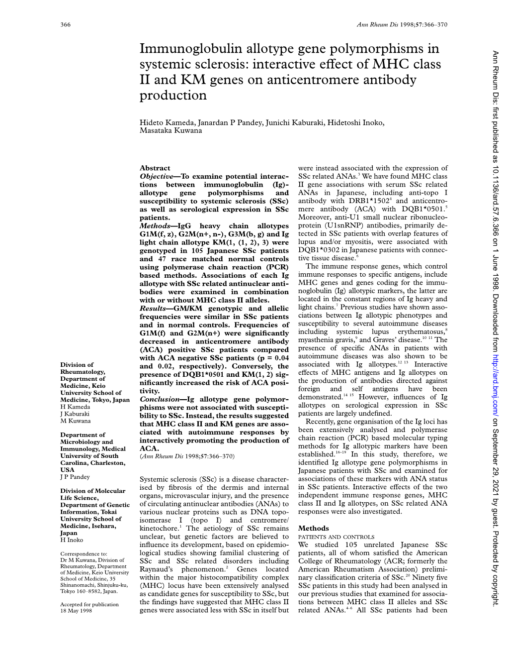 Interactive Evect of MHC Class II and KM Genes on Anticentromere Antibody Production