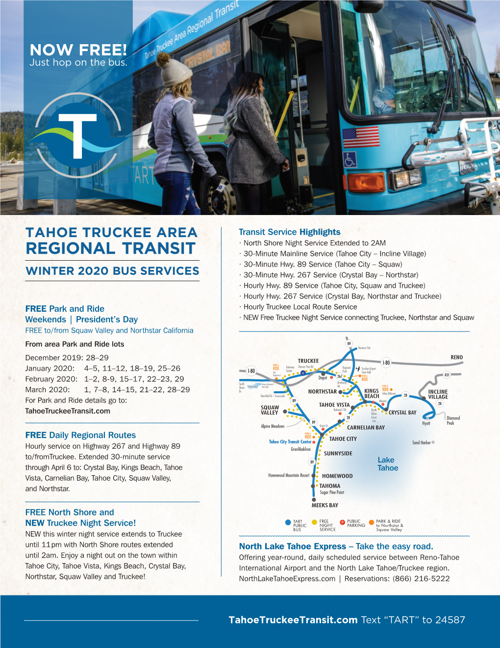 REGIONAL TRANSIT · 30-Minute Mainline Service (Tahoe City – Incline Village) · 30-Minute Hwy