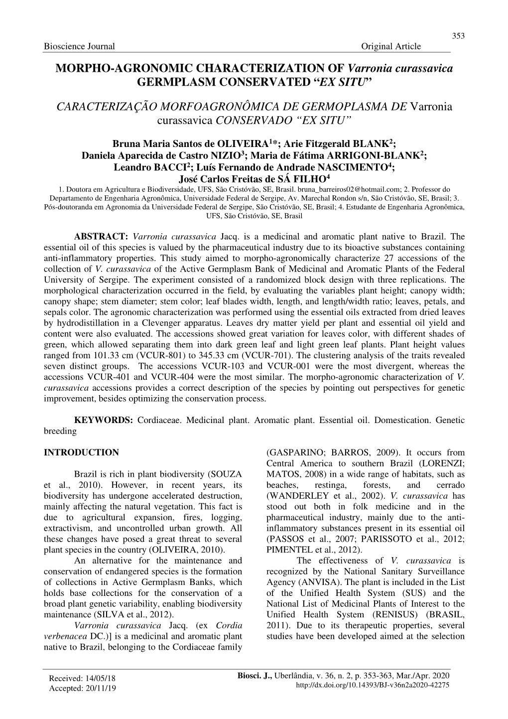 MORPHO-AGRONOMIC CHARACTERIZATION of Varronia Curassavica GERMPLASM CONSERVATED “ EX SITU ”