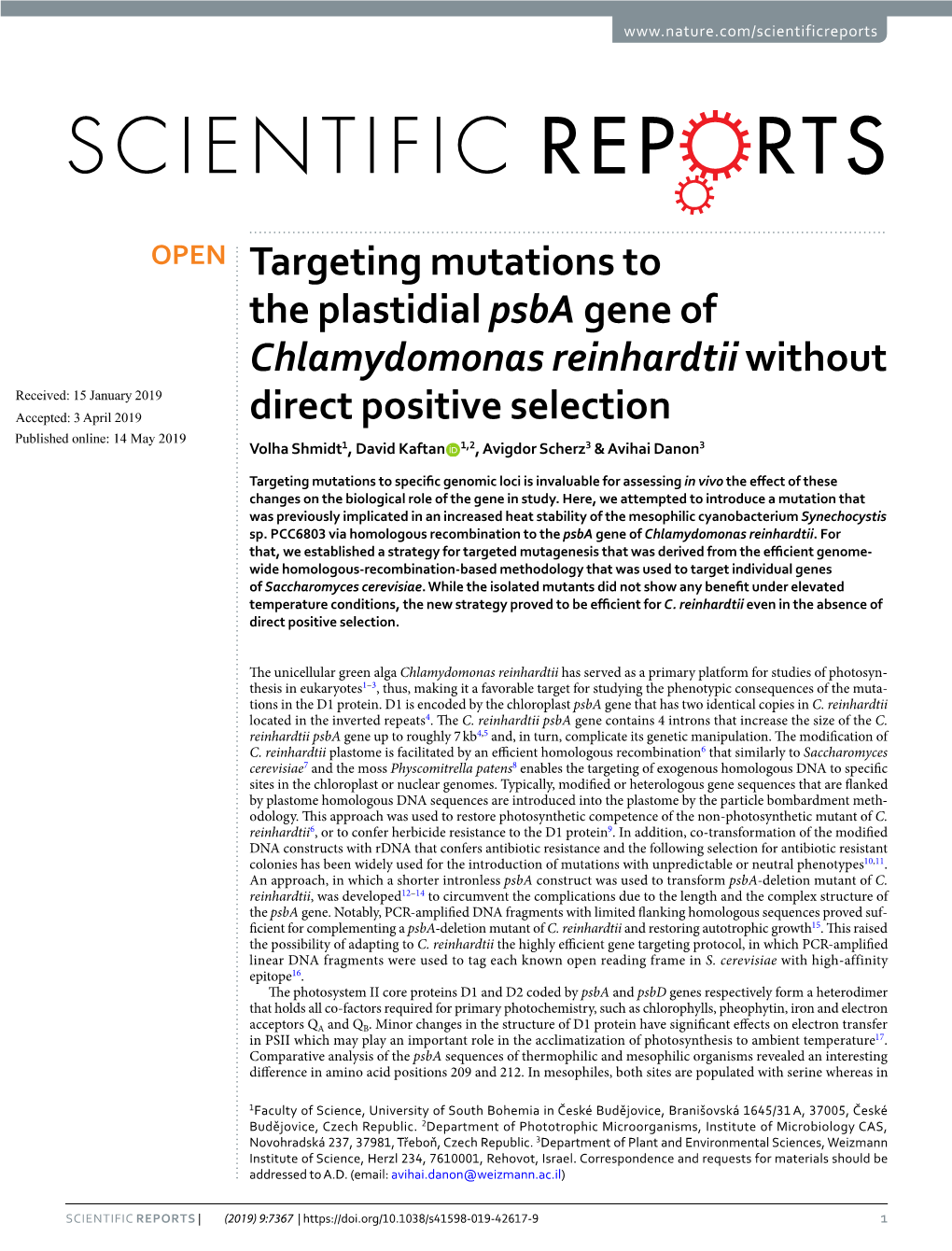 Targeting Mutations to the Plastidial Psba Gene of Chlamydomonas