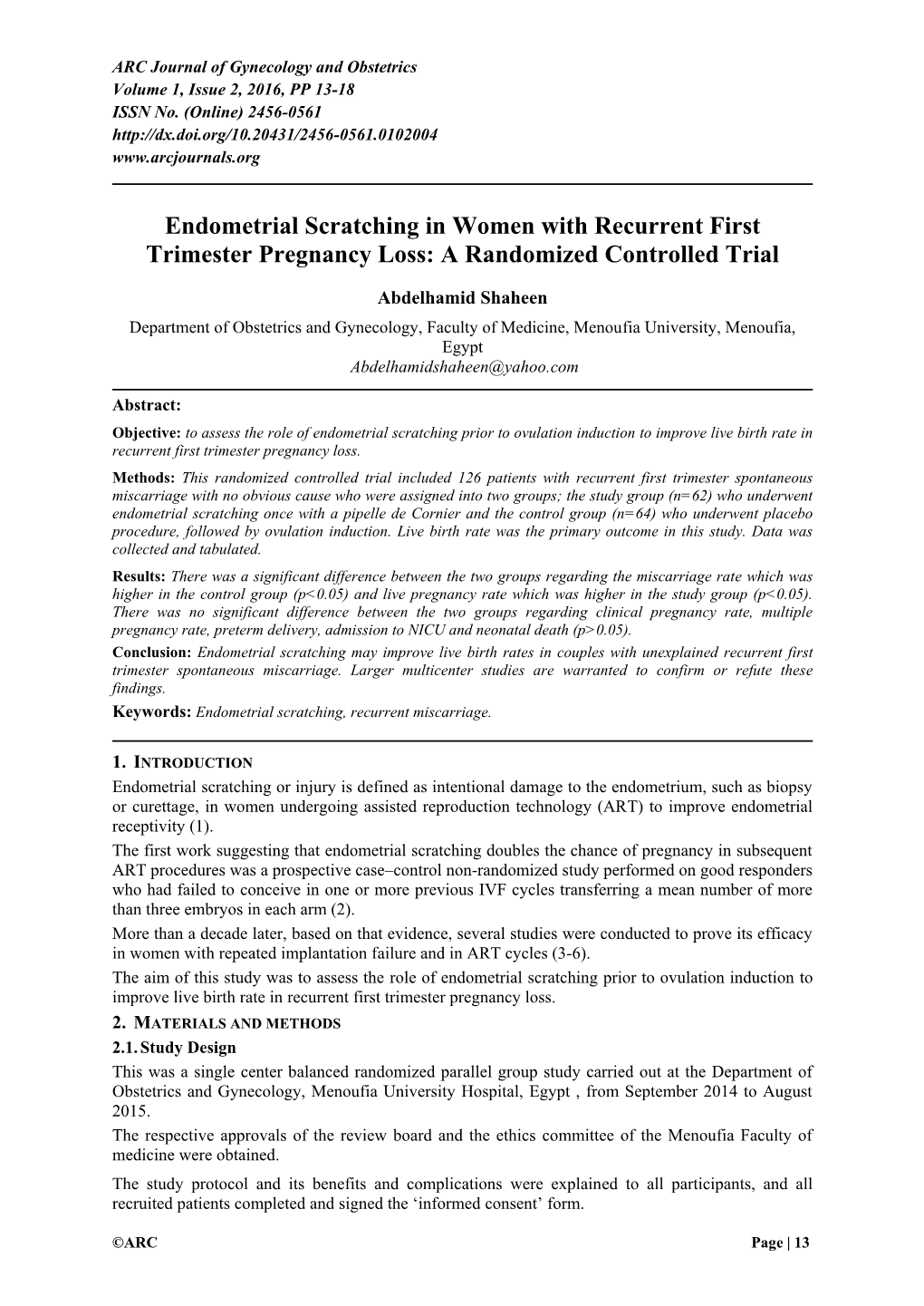 Endometrial Scratching in Women with Recurrent First Trimester Pregnancy Loss: a Randomized Controlled Trial