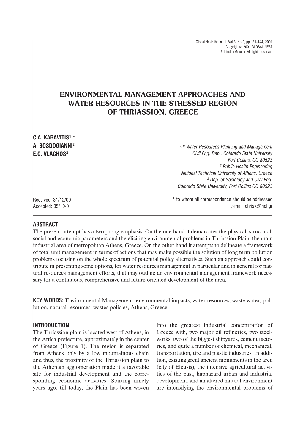 Environmental Management Approaches and Water Resources in the Stressed Region of Thriassion, Greece