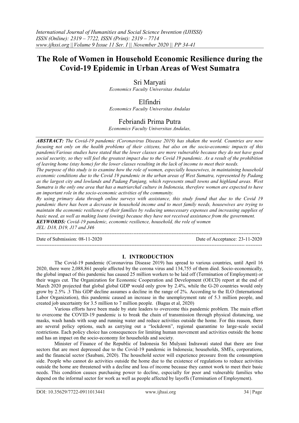 The Role of Women in Household Economic Resilience During the Covid-19 Epidemic in Urban Areas of West Sumatra