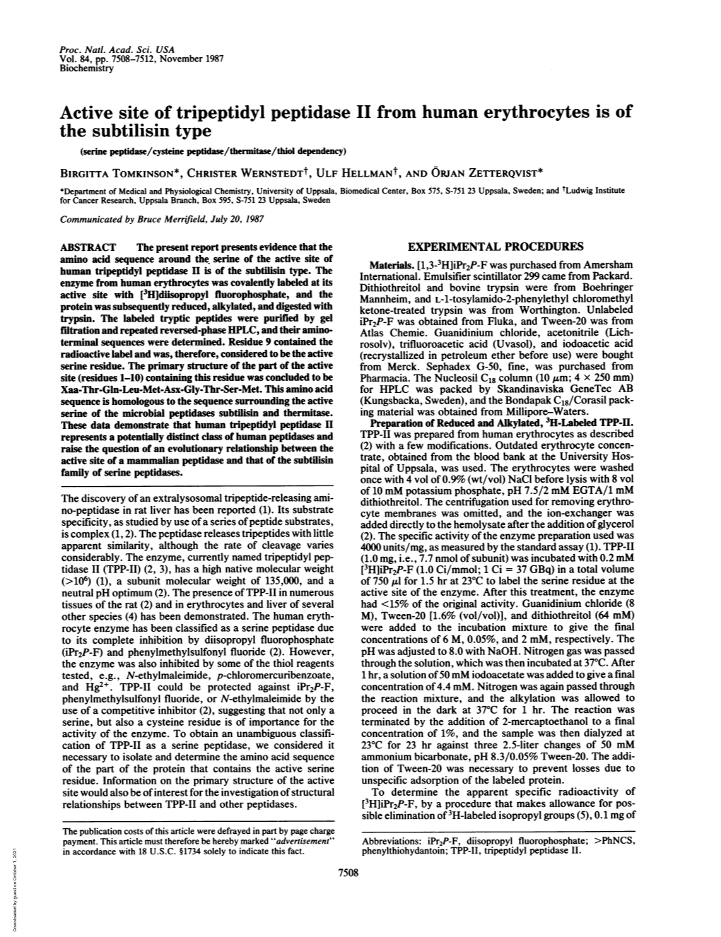 Active Site of Tripeptidyl Peptidase II from Human Erythrocytes Is of The