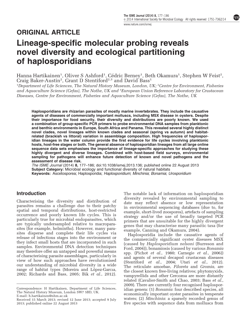 Lineage-Specific Molecular Probing Reveals Novel Diversity and Ecological Partitioning of Haplosporidians