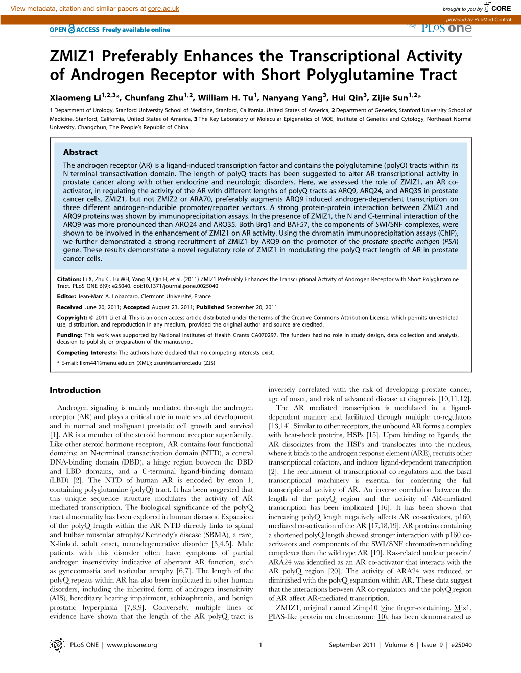 ZMIZ1 Preferably Enhances the Transcriptional Activity of Androgen Receptor with Short Polyglutamine Tract