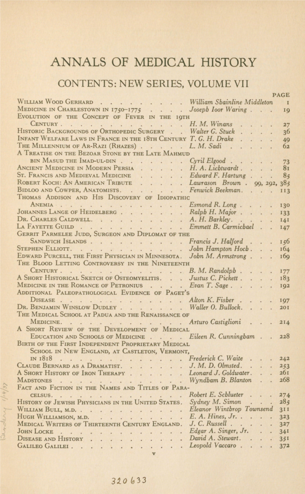 ANNALS of MEDICAL HISTORY CONTENTS: NEW SERIES, VOLUME VII PAGE \\ Illiam \\ Ood Gerhard