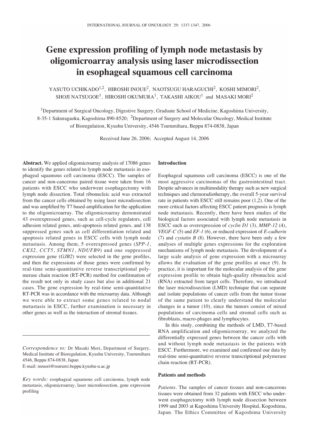 Gene Expression Profiling of Lymph Node Metastasis by Oligomicroarray Analysis Using Laser Microdissection in Esophageal Squamous Cell Carcinoma