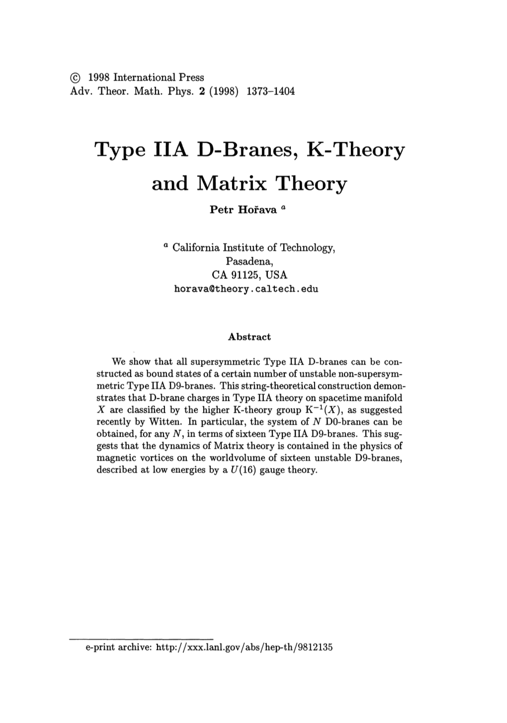 Type IIA D-Branes, K-Theory and Matrix Theory Petr Hofava A