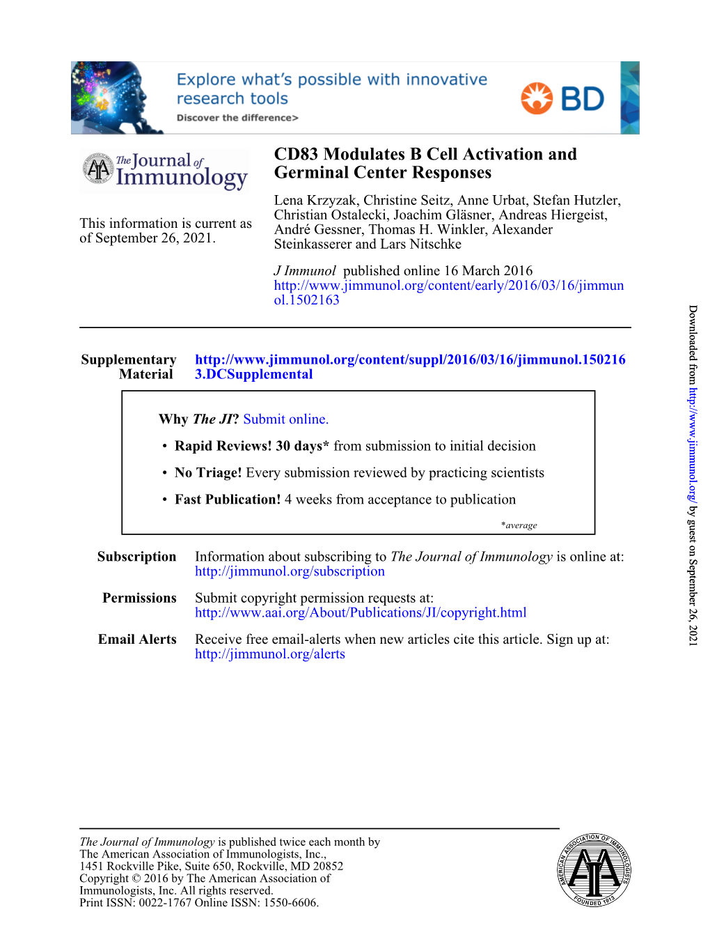 CD83 Modulates B Cell Activation and Germinal Center Responses