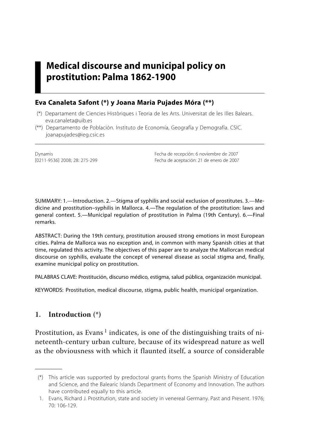 Medical Discourse and Municipal Policy on Prostitution: Palma 1862-1900