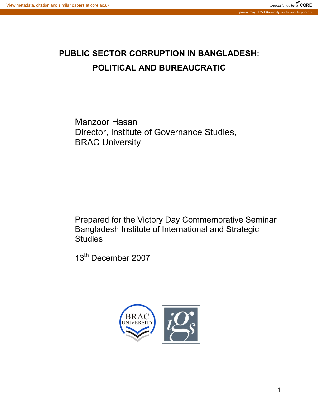 Public Sector Corruption in Bangladesh: Political and Bureaucratic