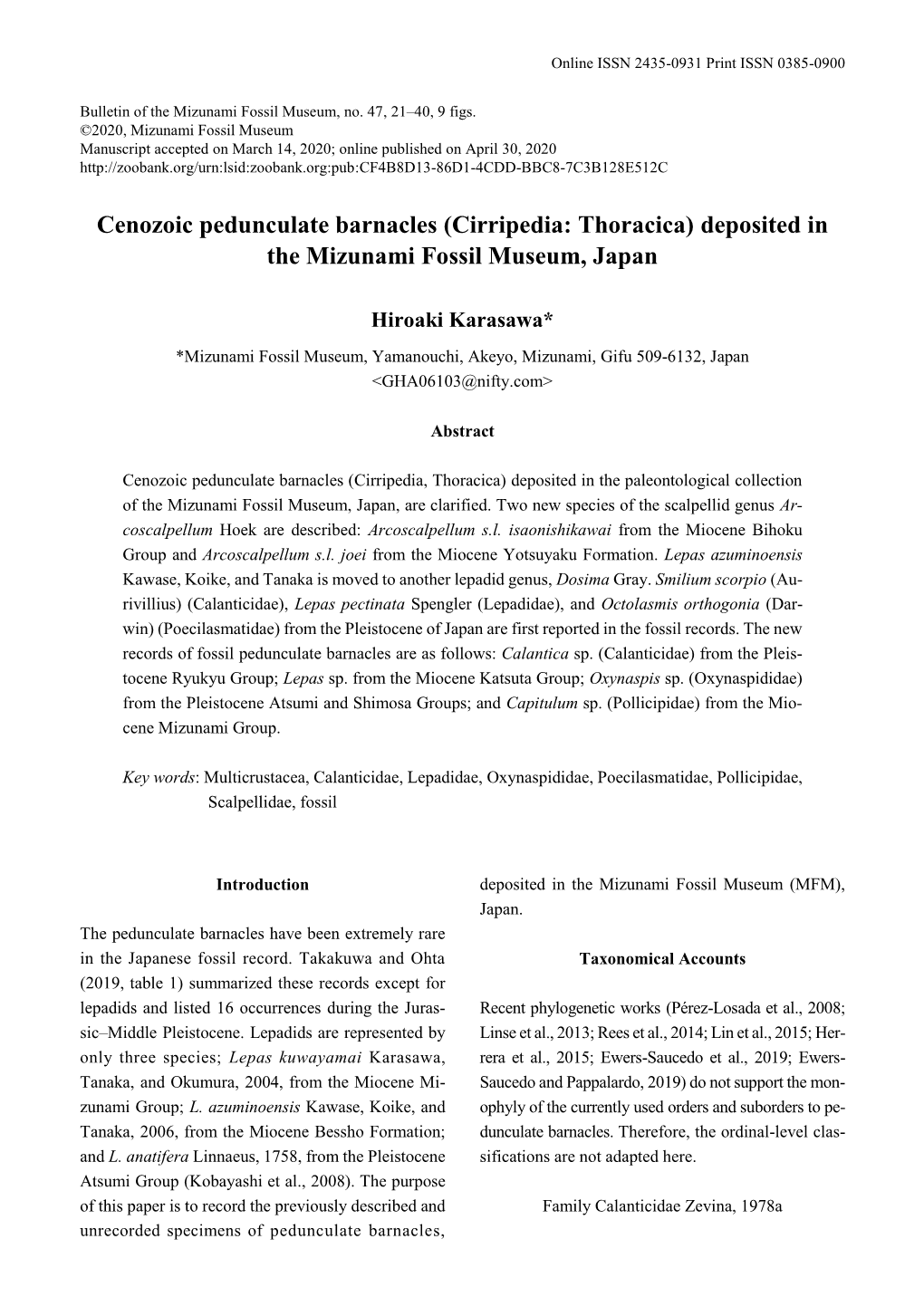 (Cirripedia: Thoracica) Deposited in the Mizunami Fossil Museum, Japan